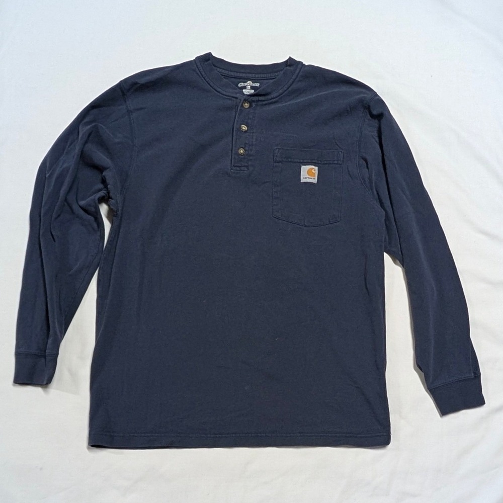 Carhartt Mens Navy Blue Long Sleeve Henley Pocket T-Shirt Size M 100% Cotton